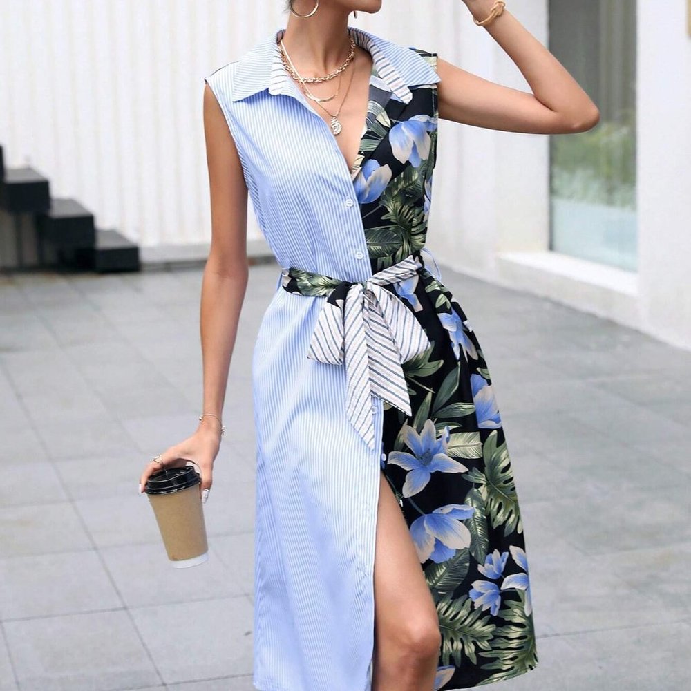 NEW Tropical Print Color Block Two Tone Contrast Belted Button Front Shirt Dress